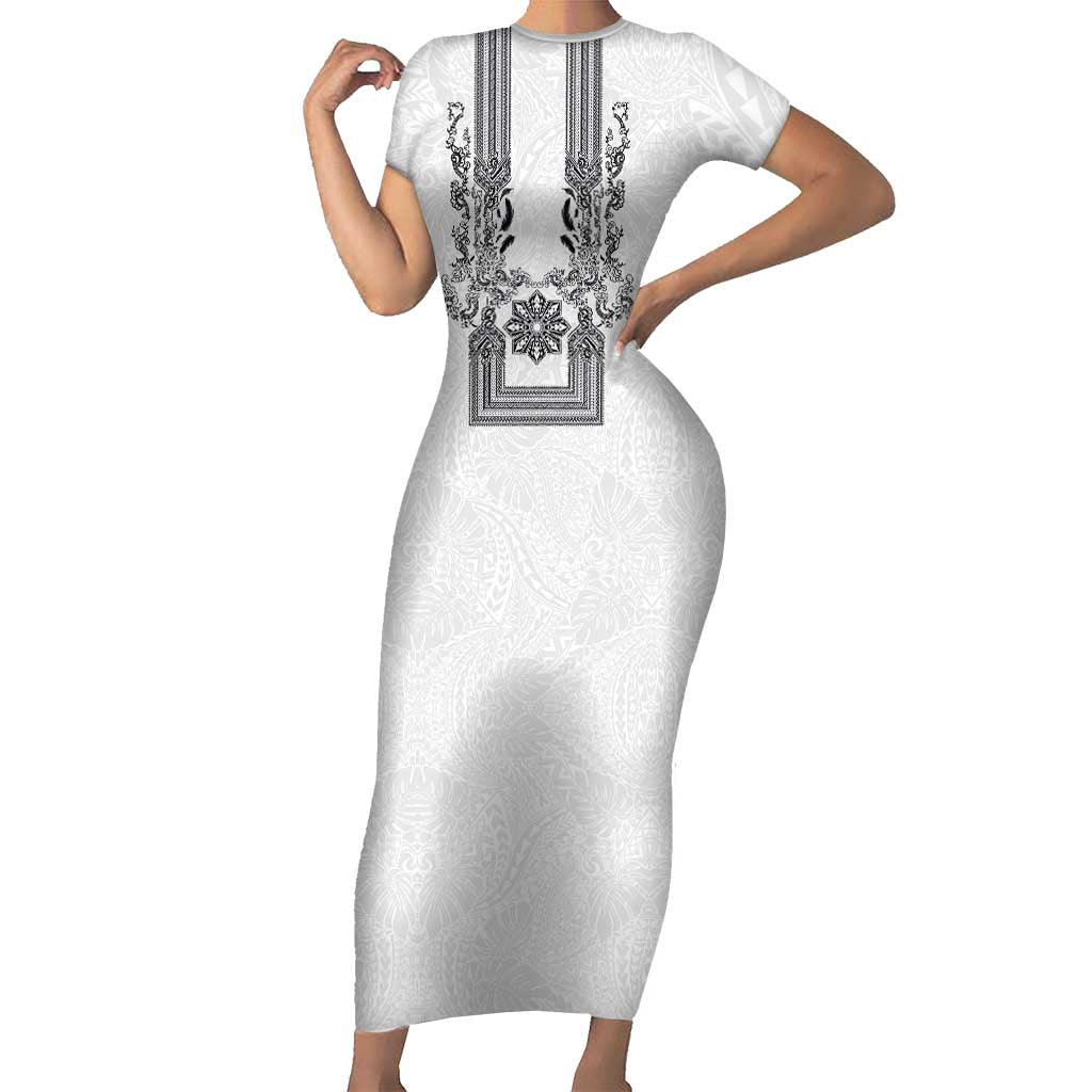 Philippines Barong Style Short Sleeve Bodycon Dress with Polynesian Art and Leaf Motif Black-White Color LT03 Long Dress White - Polynesian Pride