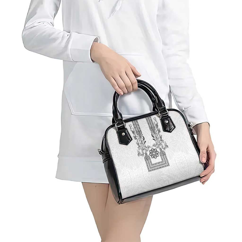 Philippines Barong Style Shoulder Handbag with Polynesian Art and Leaf Motif Black-White Color
