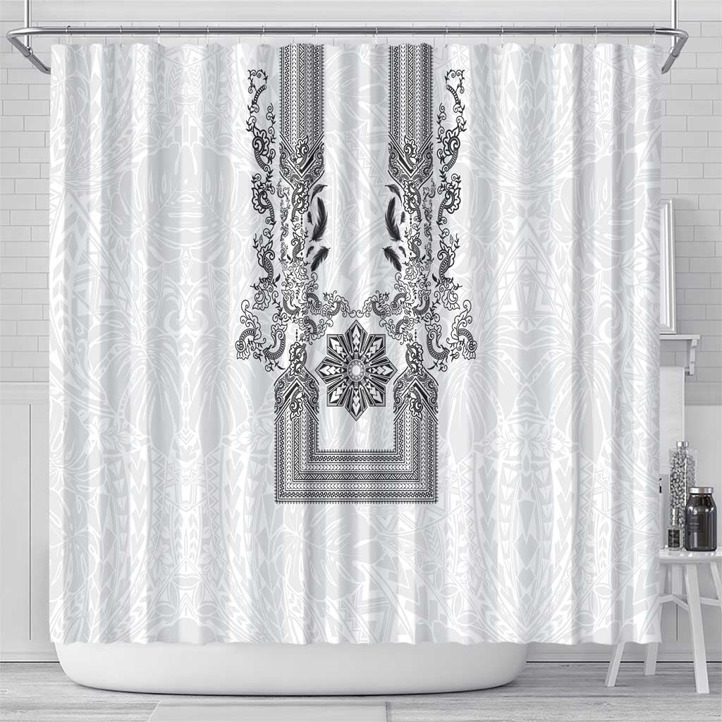 Philippines Barong Style Shower Curtain with Polynesian Art and Leaf Motif Black-White Color