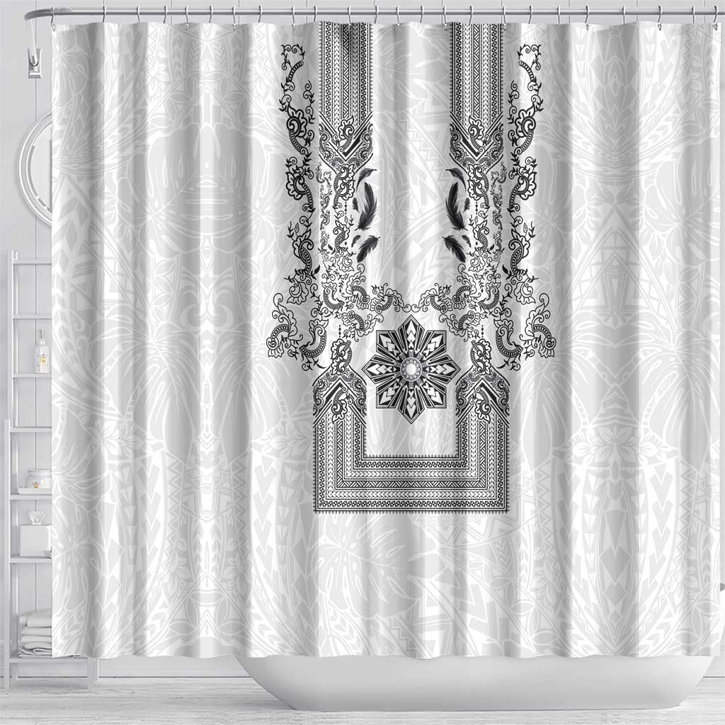 Philippines Barong Style Shower Curtain with Polynesian Art and Leaf Motif Black-White Color