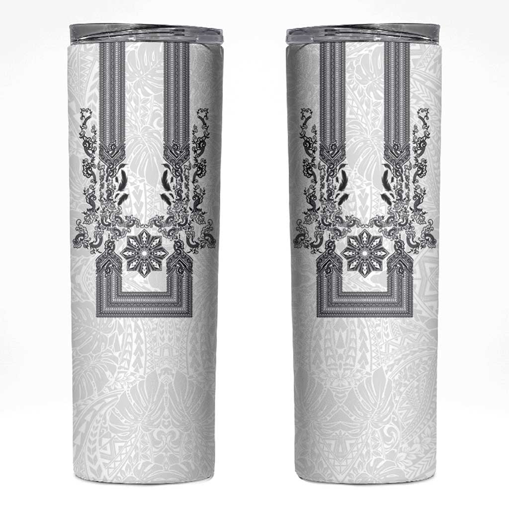 Philippines Barong Style Skinny Tumbler with Polynesian Art and Leaf Motif Black-White Color LT03 White - Polynesian Pride