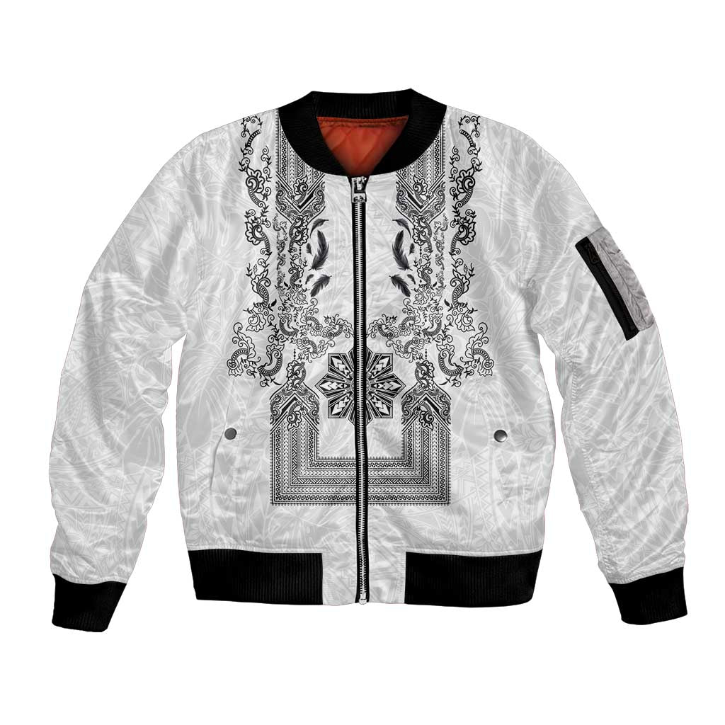 Philippines Barong Style Sleeve Zip Bomber Jacket with Polynesian Art and Leaf Motif Black-White Color
