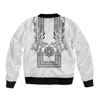 Philippines Barong Style Sleeve Zip Bomber Jacket with Polynesian Art and Leaf Motif Black-White Color
