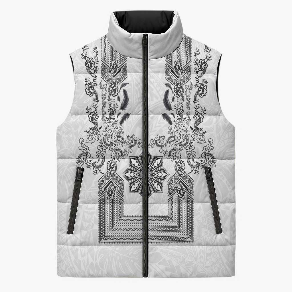 Philippines Barong Style Sleeveless Puffer Jacket with Polynesian Art and Leaf Motif Black-White Color