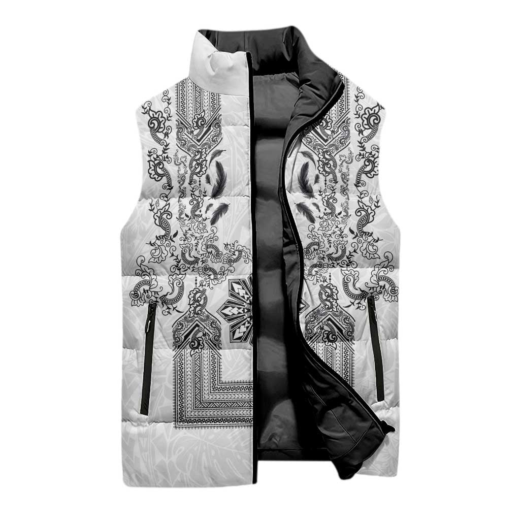Philippines Barong Style Sleeveless Puffer Jacket with Polynesian Art and Leaf Motif Black-White Color
