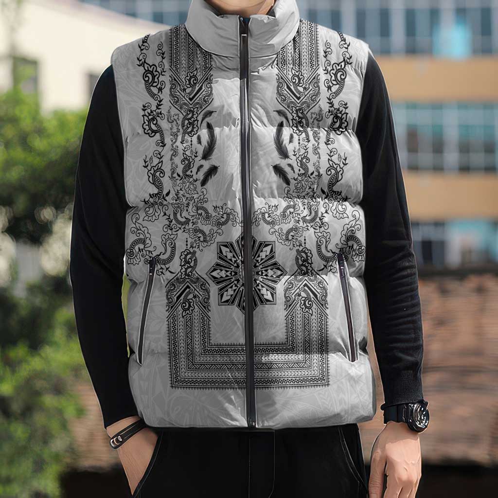 Philippines Barong Style Sleeveless Puffer Jacket with Polynesian Art and Leaf Motif Black-White Color