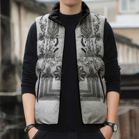 Philippines Barong Style Sleeveless Puffer Jacket with Polynesian Art and Leaf Motif Black-White Color