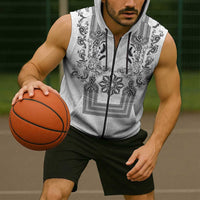 Philippines Barong Style Sleeveless Zip Hoodie with Polynesian Art and Leaf Motif Black-White Color