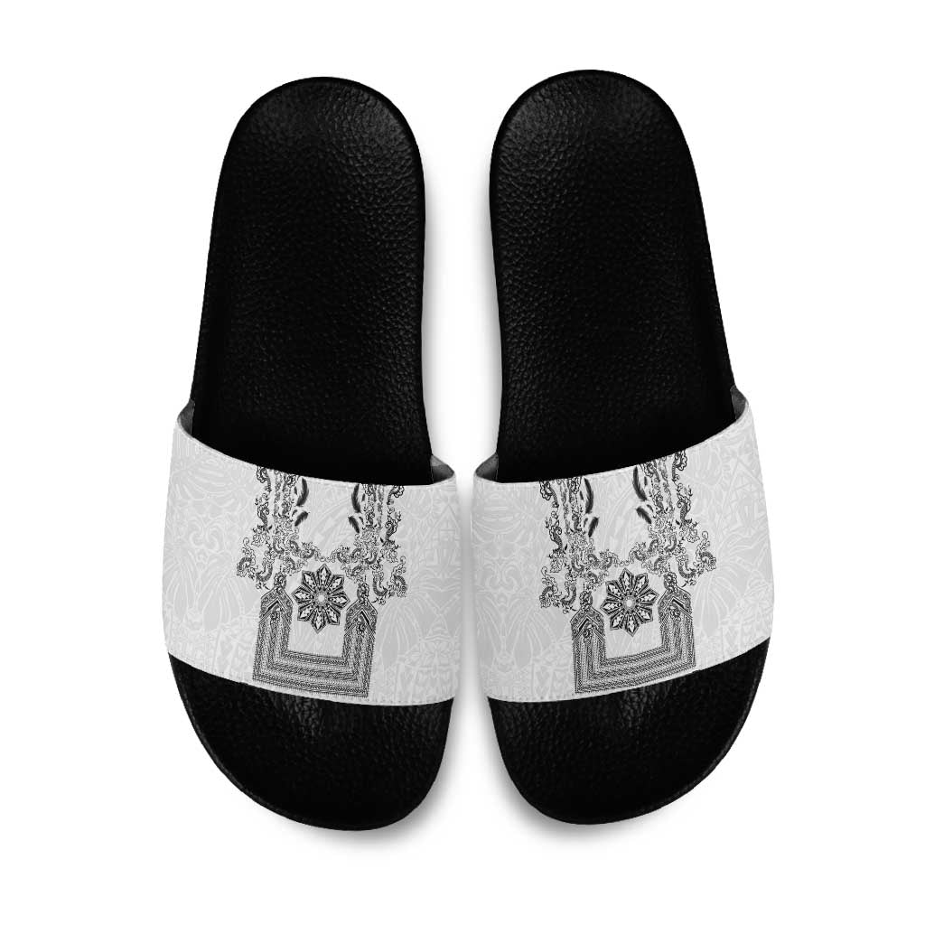 Philippines Barong Style Slide Sandals with Polynesian Art and Leaf Motif Black-White Color