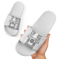 Philippines Barong Style Slide Sandals with Polynesian Art and Leaf Motif Black-White Color
