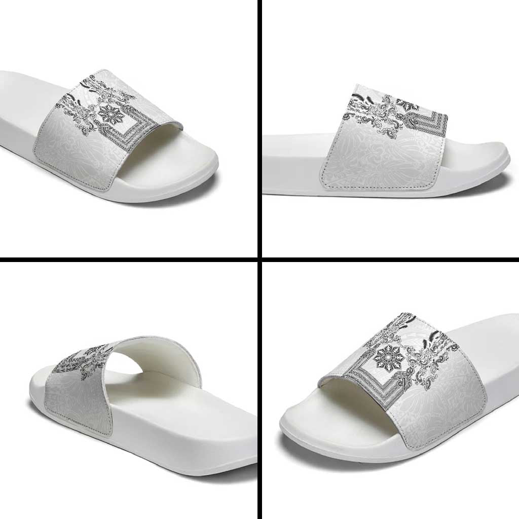 Philippines Barong Style Slide Sandals with Polynesian Art and Leaf Motif Black-White Color
