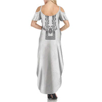 Philippines Barong Style Summer Maxi Dress with Polynesian Art and Leaf Motif Black-White Color