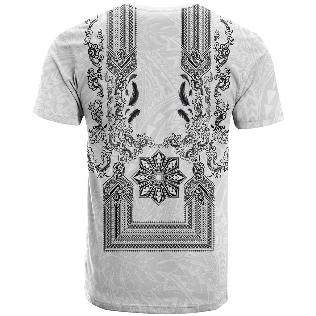 Philippines Barong Style T Shirt with Polynesian Art and Leaf Motif Black-White Color