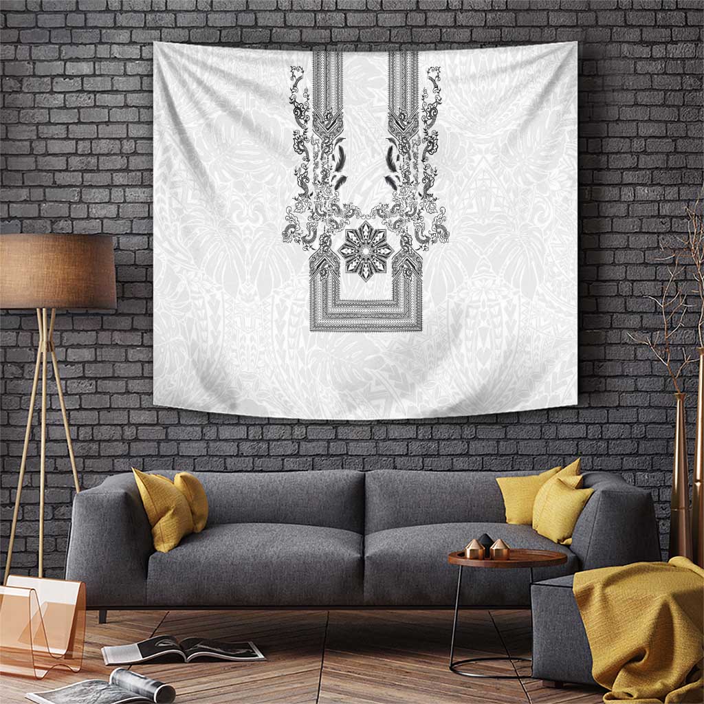 Philippines Barong Style Tapestry with Polynesian Art and Leaf Motif Black-White Color