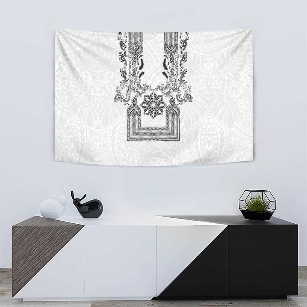 Philippines Barong Style Tapestry with Polynesian Art and Leaf Motif Black-White Color