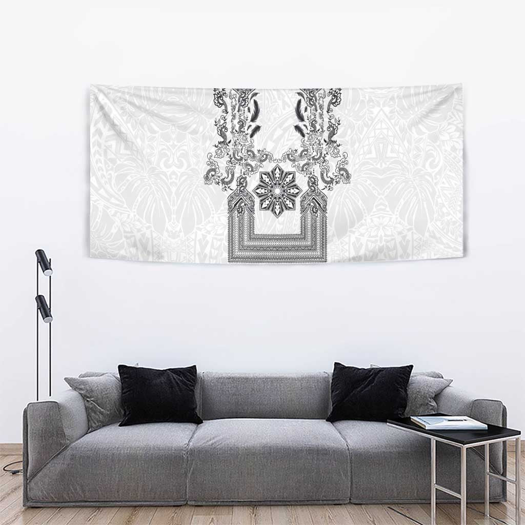 Philippines Barong Style Tapestry with Polynesian Art and Leaf Motif Black-White Color