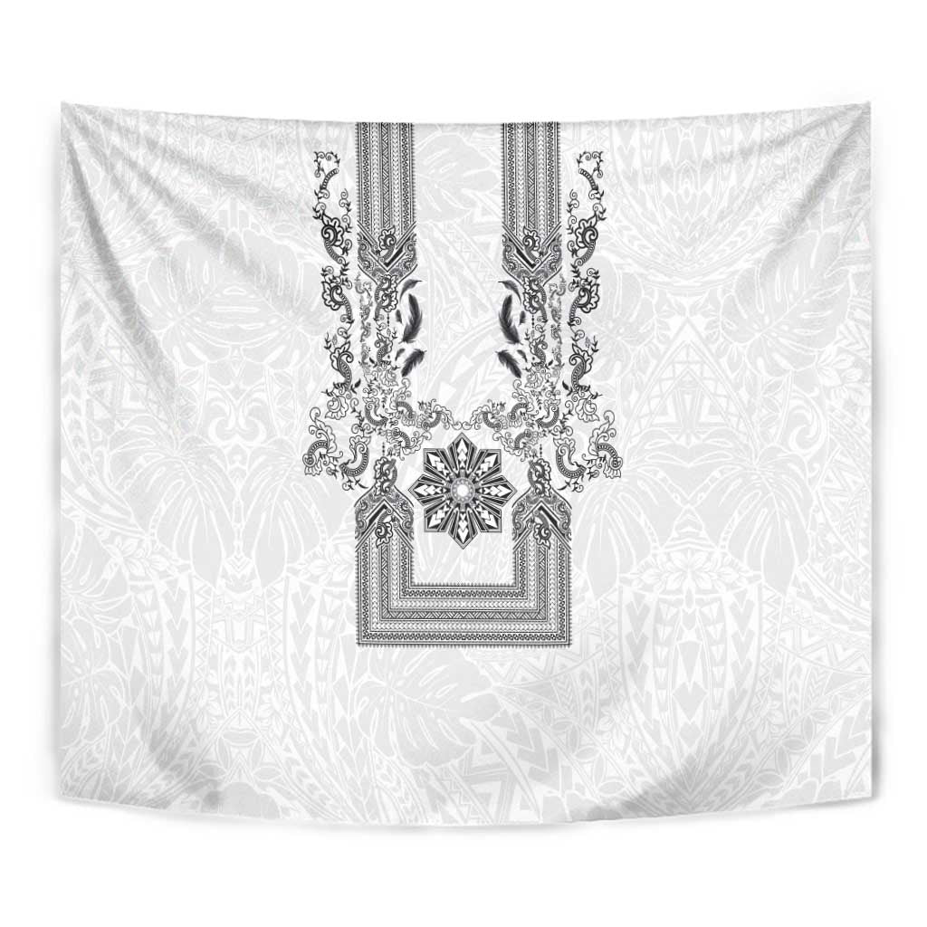 Philippines Barong Style Tapestry with Polynesian Art and Leaf Motif Black-White Color
