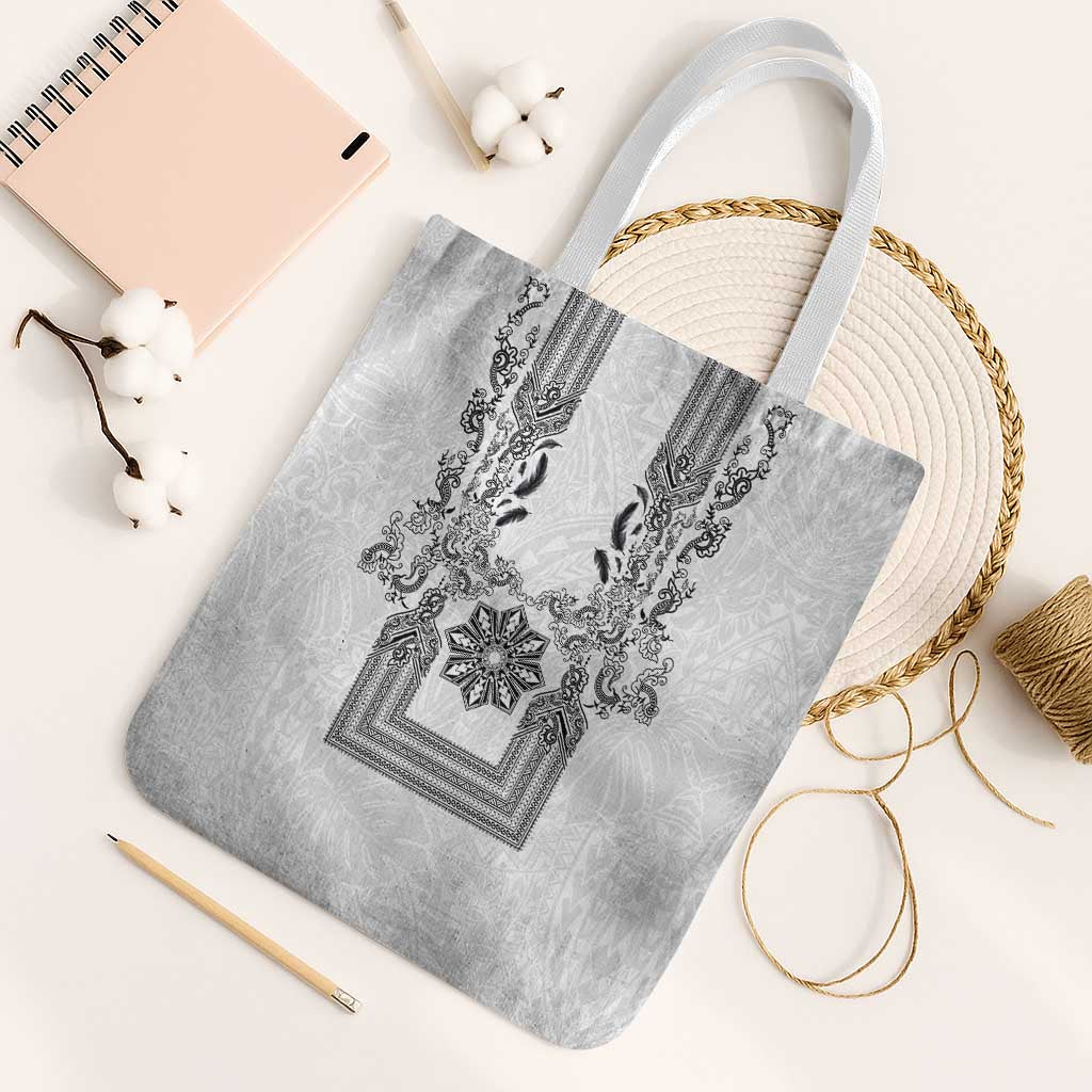 Philippines Barong Style Tote Bag with Polynesian Art and Leaf Motif Black-White Color