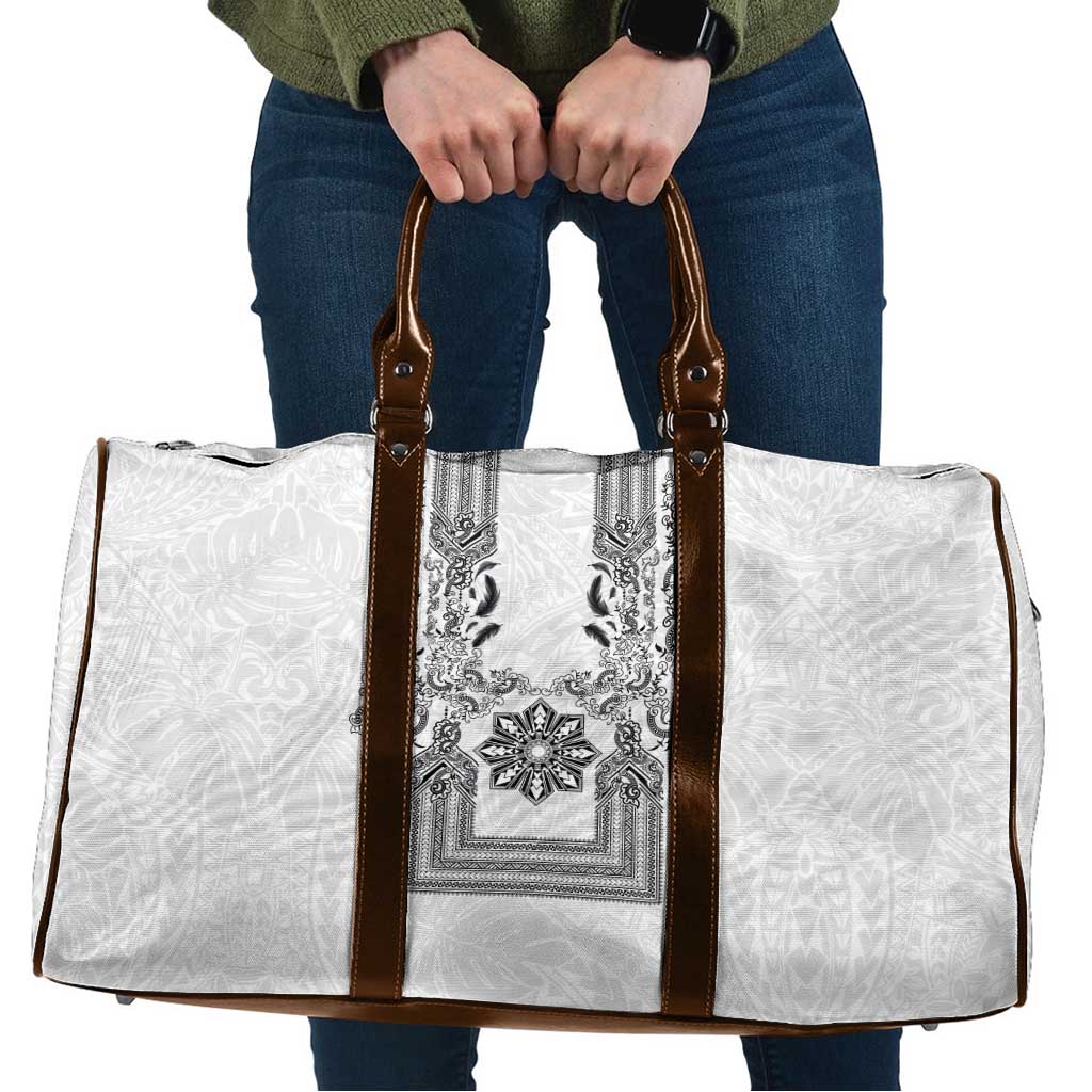 Philippines Barong Style Travel Bag with Polynesian Art and Leaf Motif Black-White Color LT03 White - Polynesian Pride