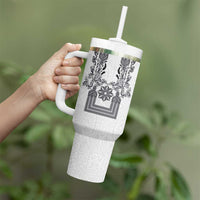 Philippines Barong Style Tumbler With Handle with Polynesian Art and Leaf Motif Black-White Color