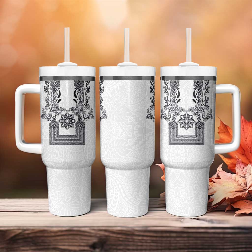 Philippines Barong Style Tumbler With Handle with Polynesian Art and Leaf Motif Black-White Color