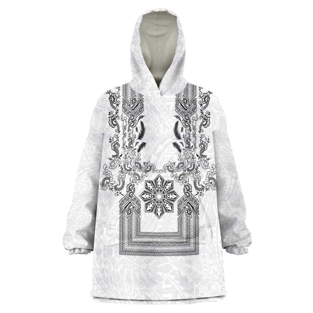 Philippines Barong Style Wearable Blanket Hoodie with Polynesian Art and Leaf Motif Black-White Color