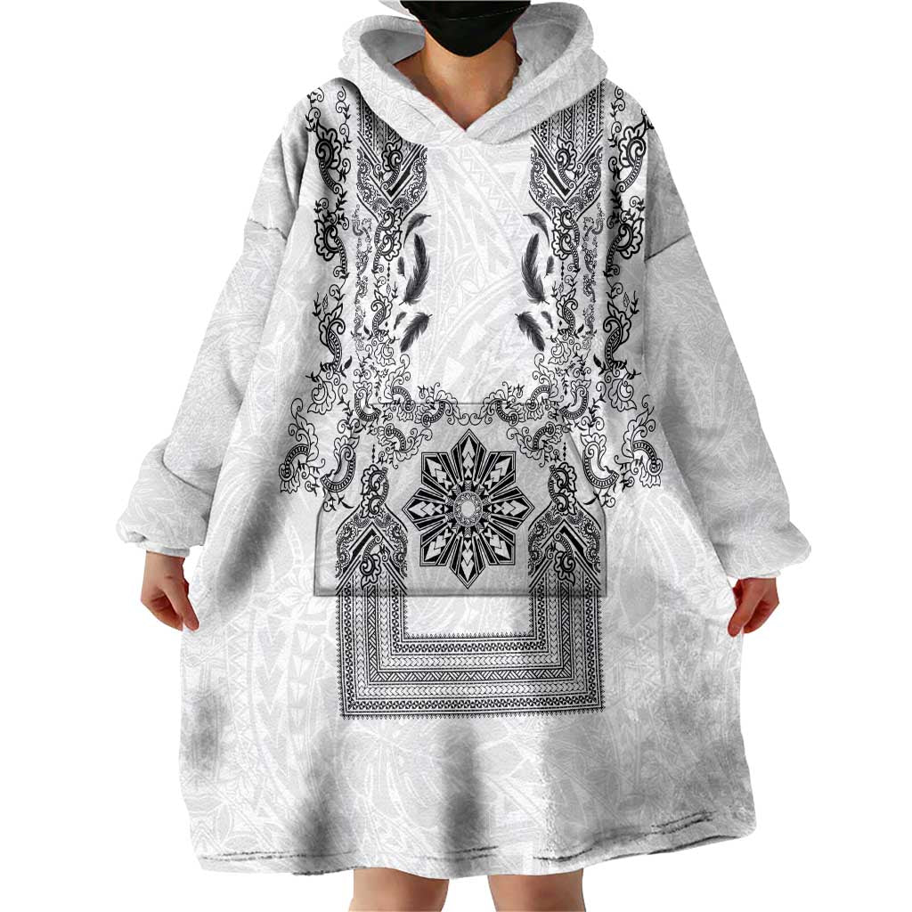 Philippines Barong Style Wearable Blanket Hoodie with Polynesian Art and Leaf Motif Black-White Color LT03 - Polynesian Pride