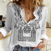 Philippines Barong Style Women Casual Shirt with Polynesian Art and Leaf Motif Black-White Color LT03 Female White - Polynesian Pride