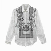 Philippines Barong Style Women Casual Shirt with Polynesian Art and Leaf Motif Black-White Color LT03 - Polynesian Pride