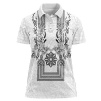 Philippines Barong Style Women Polo Shirt with Polynesian Art and Leaf Motif Black-White Color LT03 Female White - Polynesian Pride