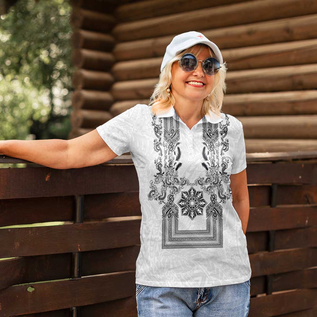 Philippines Barong Style Women Polo Shirt with Polynesian Art and Leaf Motif Black-White Color LT03 - Polynesian Pride