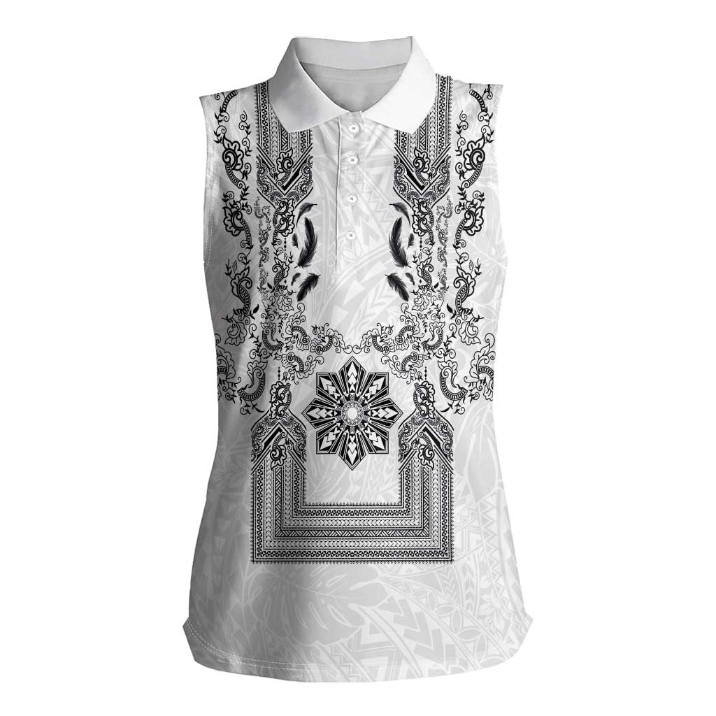 Philippines Barong Style Women Sleeveless Polo Shirt with Polynesian Art and Leaf Motif Black-White Color LT03 Female White - Polynesian Pride