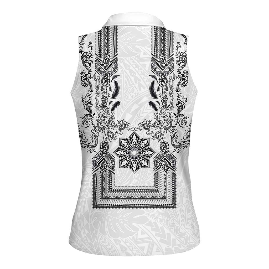 Philippines Barong Style Women Sleeveless Polo Shirt with Polynesian Art and Leaf Motif Black-White Color LT03 - Polynesian Pride