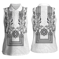 Philippines Barong Style Women Sleeveless Polo Shirt with Polynesian Art and Leaf Motif Black-White Color LT03 - Polynesian Pride