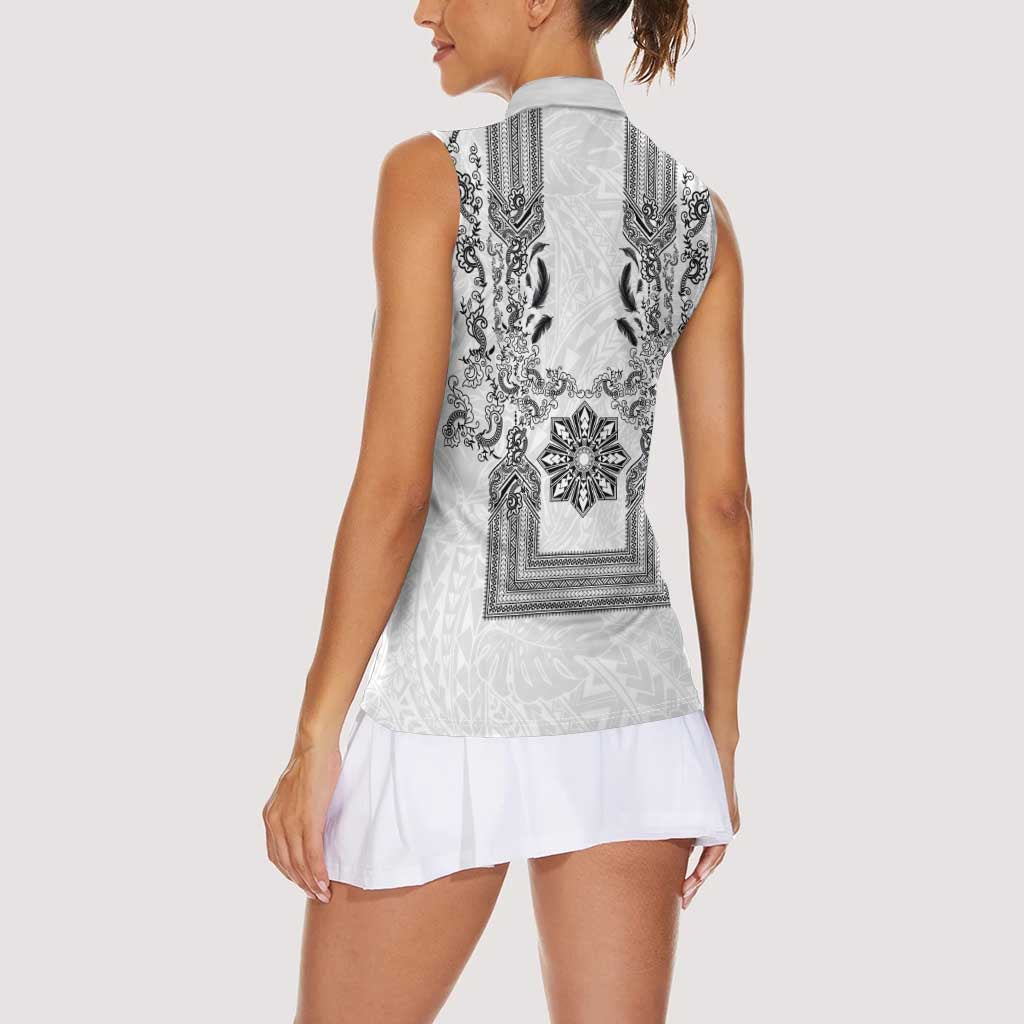 Philippines Barong Style Women Sleeveless Polo Shirt with Polynesian Art and Leaf Motif Black-White Color LT03 - Polynesian Pride