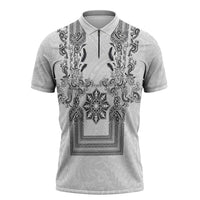Philippines Barong Style Zipper Polo Shirt with Polynesian Art and Leaf Motif Black-White Color