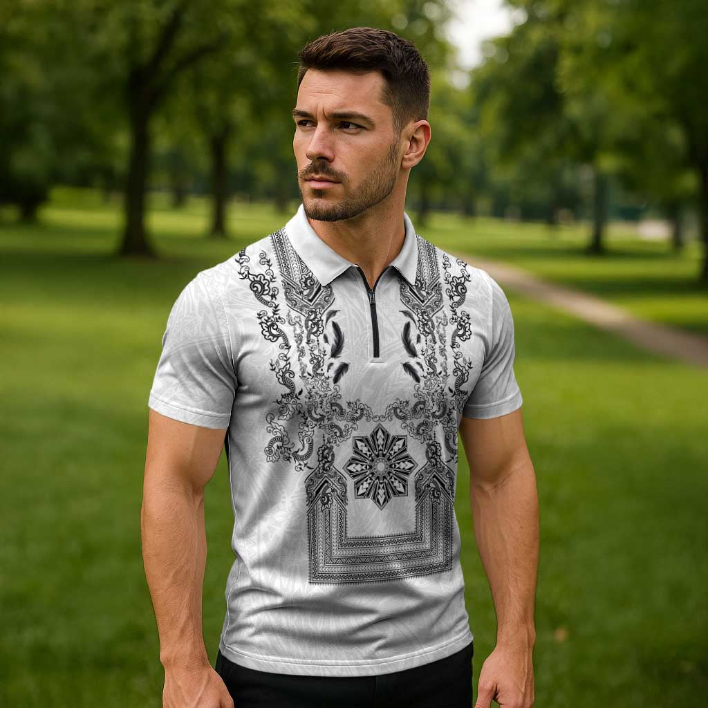 Philippines Barong Style Zipper Polo Shirt with Polynesian Art and Leaf Motif Black-White Color