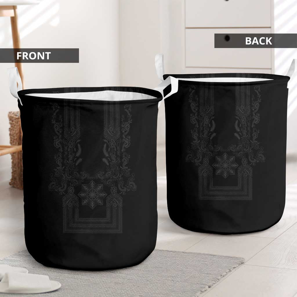 Philippines Barong Style Laundry Basket with Polynesian Art and Leaf Motif Black Color