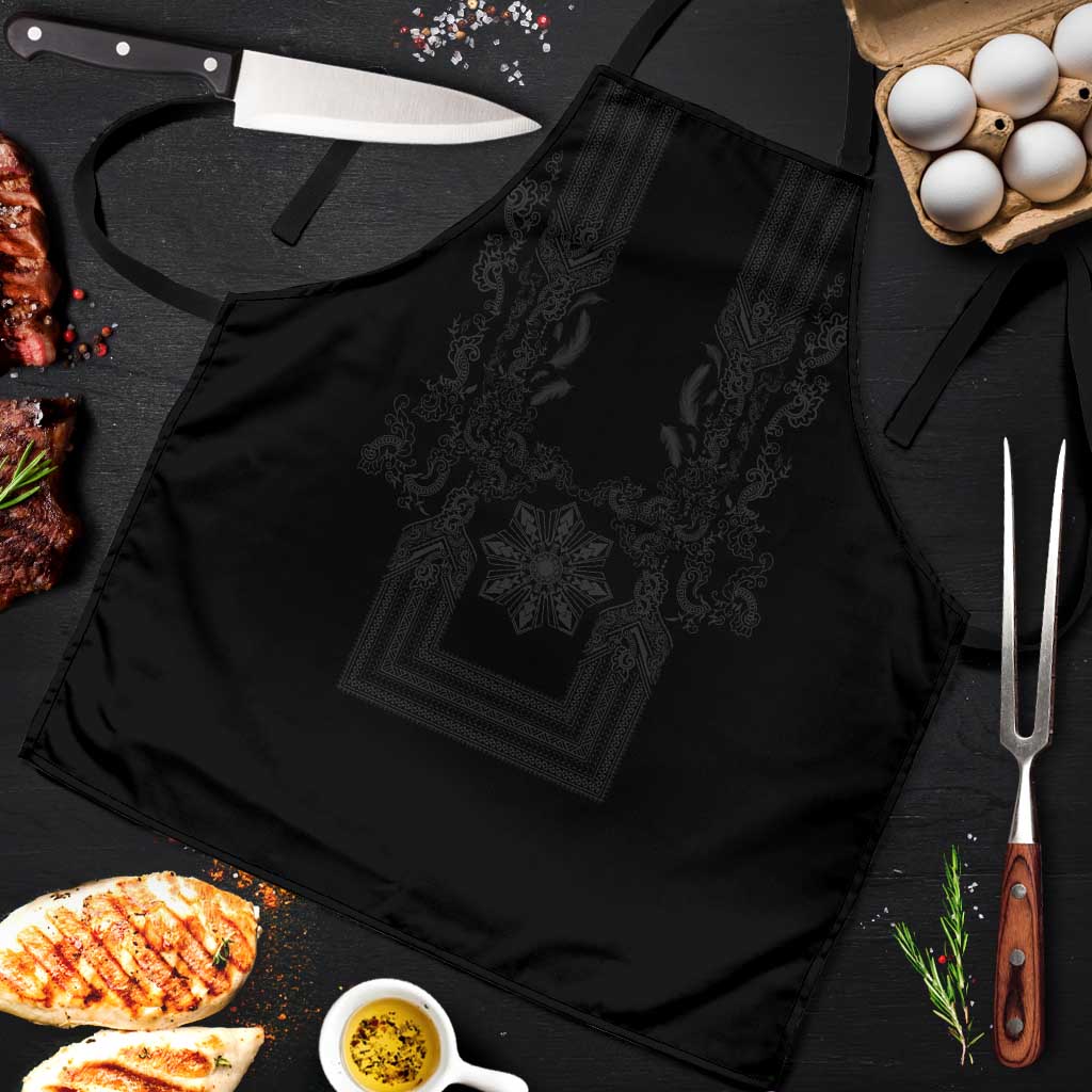 Philippines Barong Style Apron with Polynesian Art and Leaf Motif Black Color