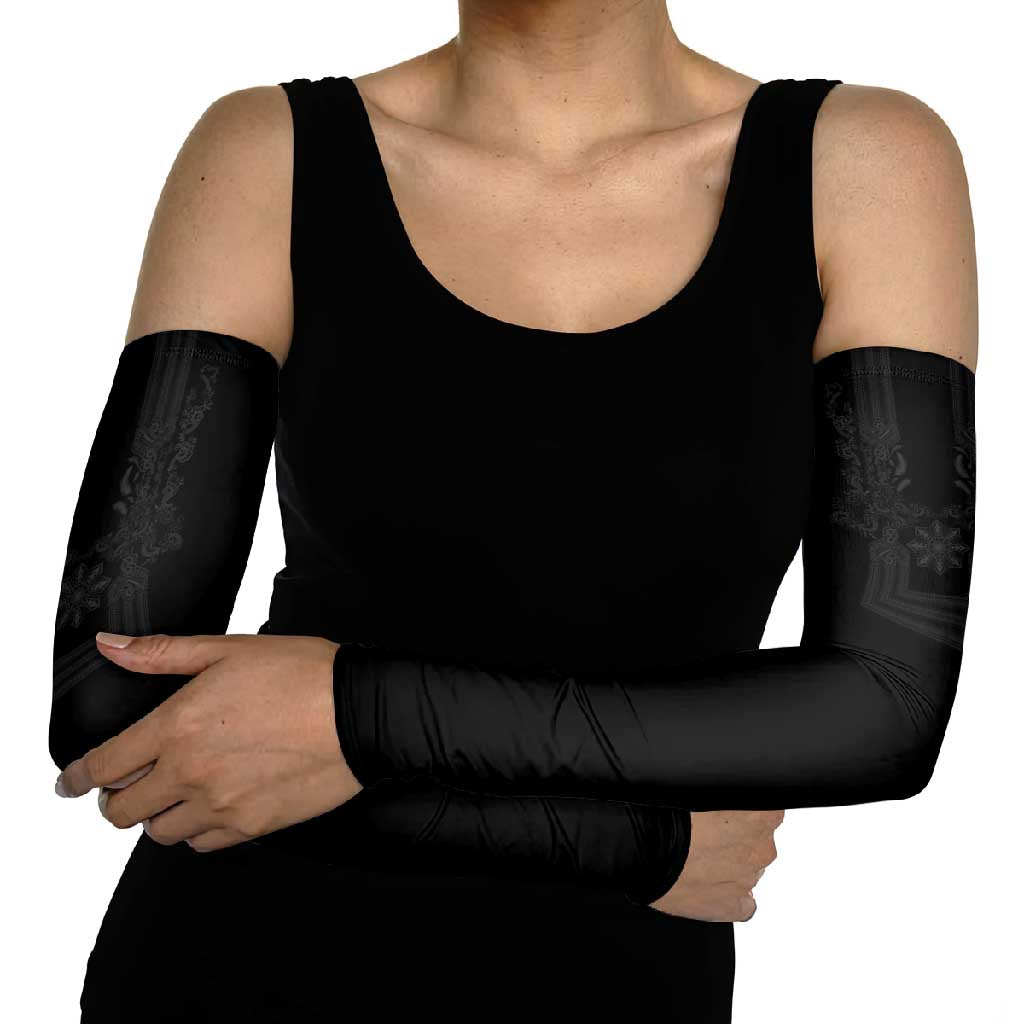Philippines Barong Style Arm Sleeves with Polynesian Art and Leaf Motif Black Color