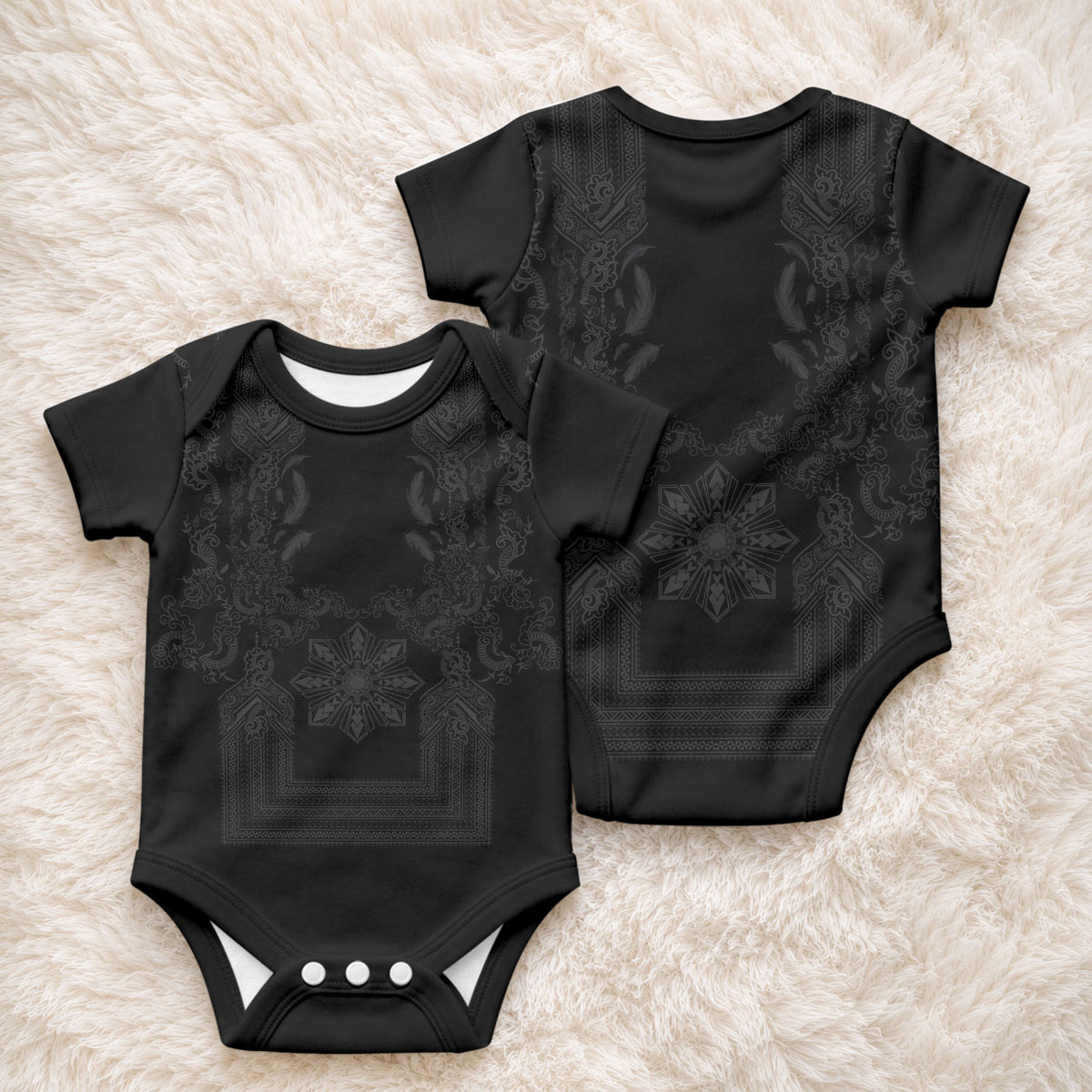 Philippines Barong Style Baby Onesie with Polynesian Art and Leaf Motif Black Color