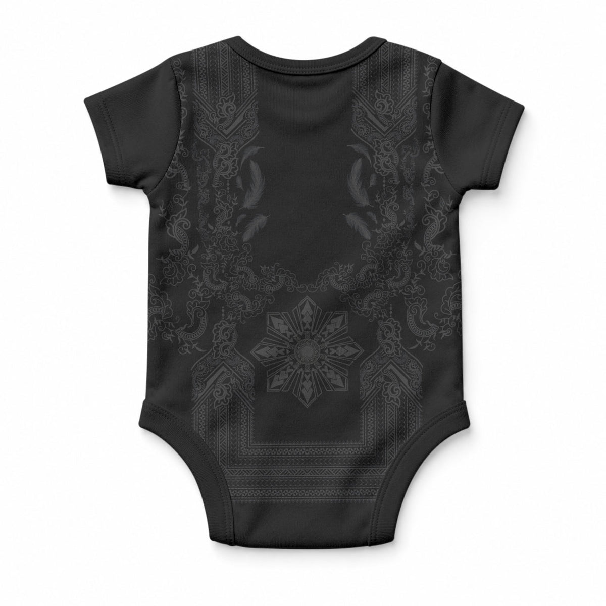 Philippines Barong Style Baby Onesie with Polynesian Art and Leaf Motif Black Color