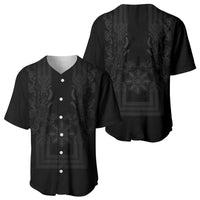 Philippines Barong Style Baseball Jersey with Polynesian Art and Leaf Motif Black Color
