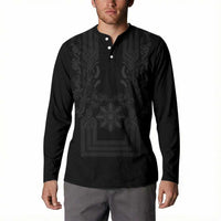 Philippines Barong Style Button Sweatshirt with Polynesian Art and Leaf Motif Black Color