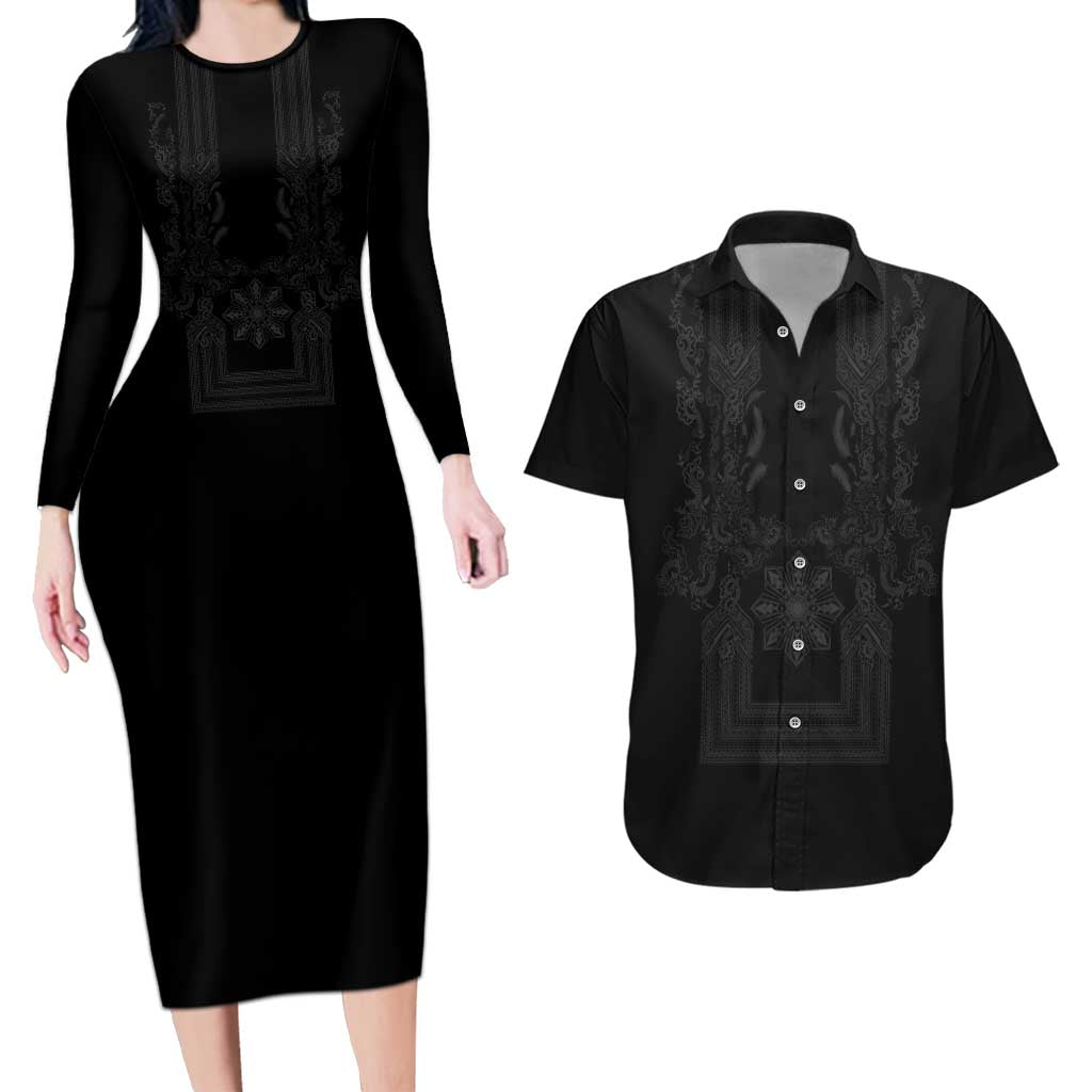 Philippines Barong Style Couples Matching Long Sleeve Bodycon Dress and Hawaiian Shirt with Polynesian Art and Leaf Motif Black Color LT03 Black - Polynesian Pride