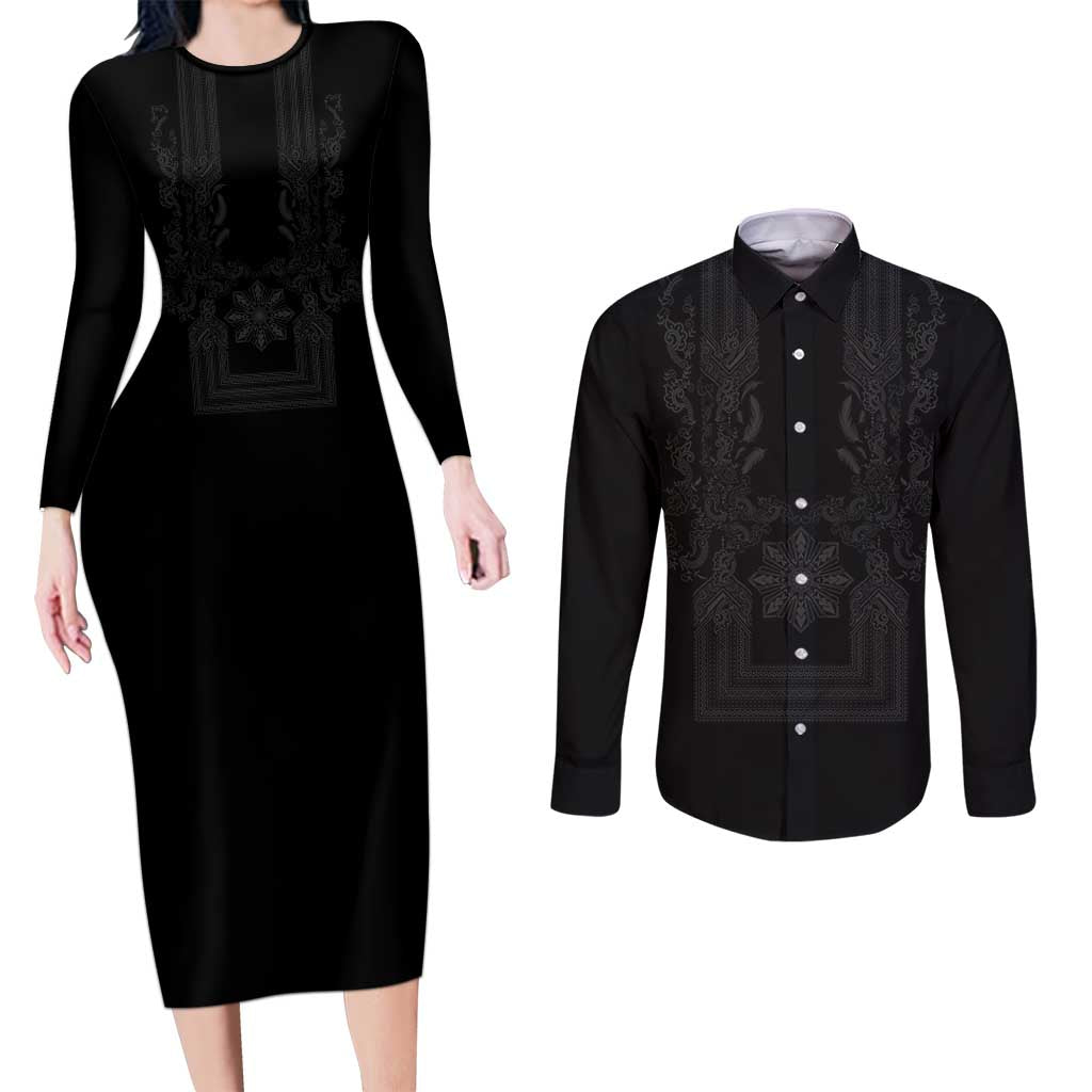 Philippines Barong Style Couples Matching Long Sleeve Bodycon Dress and Long Sleeve Button Shirt with Polynesian Art and Leaf Motif Black Color LT03 Black - Polynesian Pride