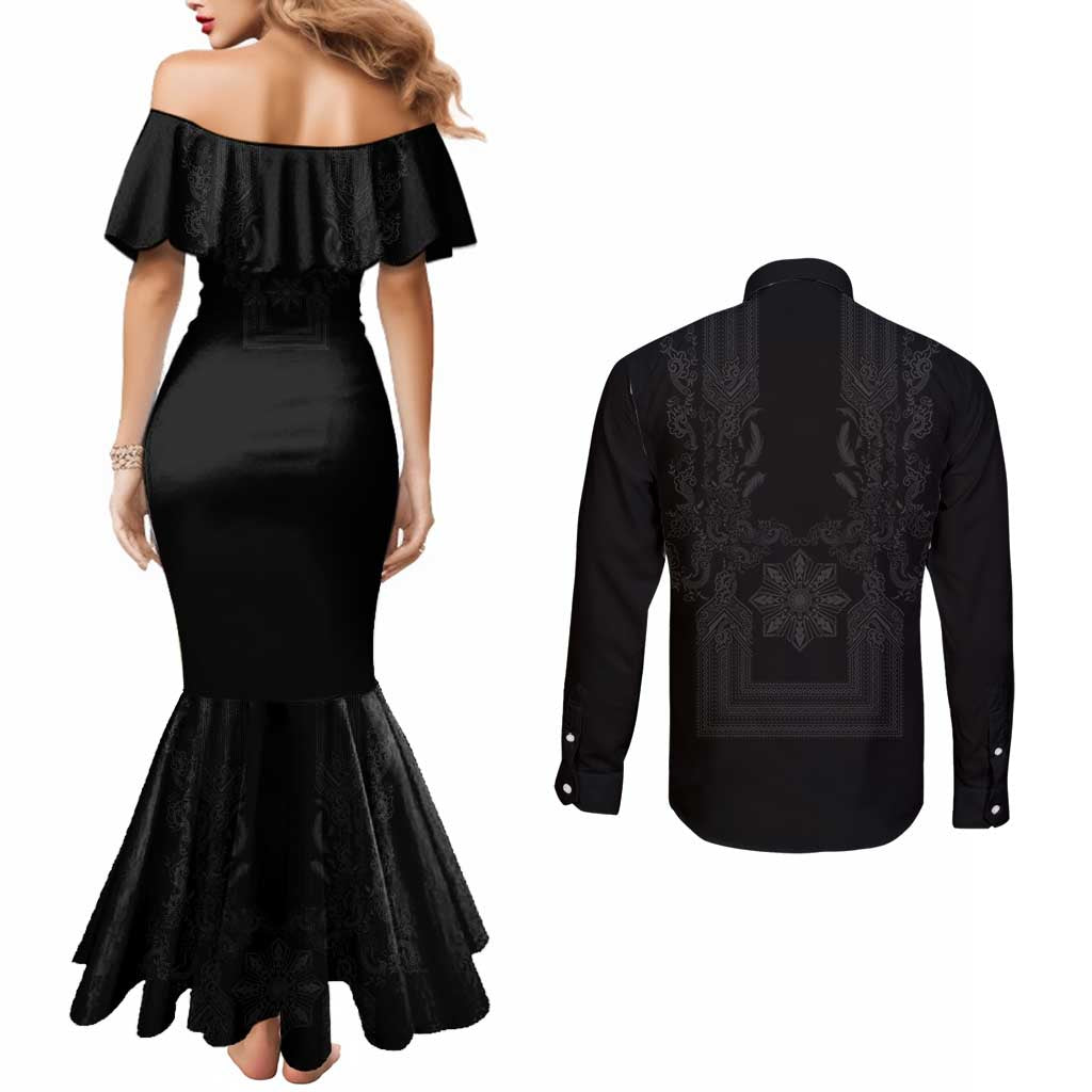Philippines Barong Style Couples Matching Mermaid Dress and Long Sleeve Button Shirt with Polynesian Art and Leaf Motif Black Color LT03 - Polynesian Pride