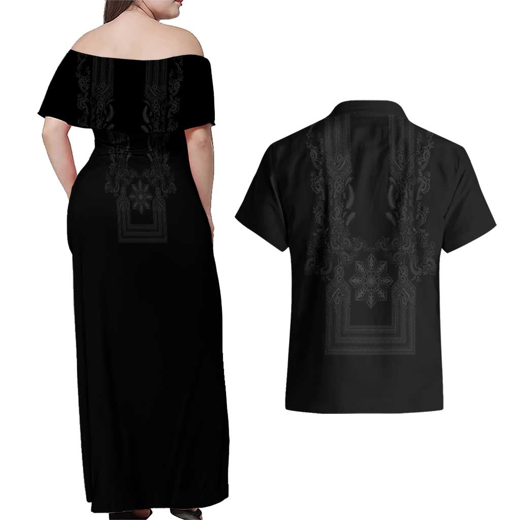 Philippines Barong Style Couples Matching Off Shoulder Maxi Dress and Hawaiian Shirt with Polynesian Art and Leaf Motif Black Color LT03 - Polynesian Pride
