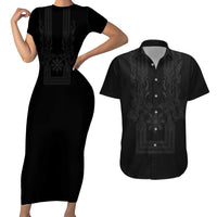 Philippines Barong Style Couples Matching Short Sleeve Bodycon Dress and Hawaiian Shirt with Polynesian Art and Leaf Motif Black Color LT03 Black - Polynesian Pride