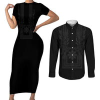 Philippines Barong Style Couples Matching Short Sleeve Bodycon Dress and Long Sleeve Button Shirt with Polynesian Art and Leaf Motif Black Color LT03 Black - Polynesian Pride